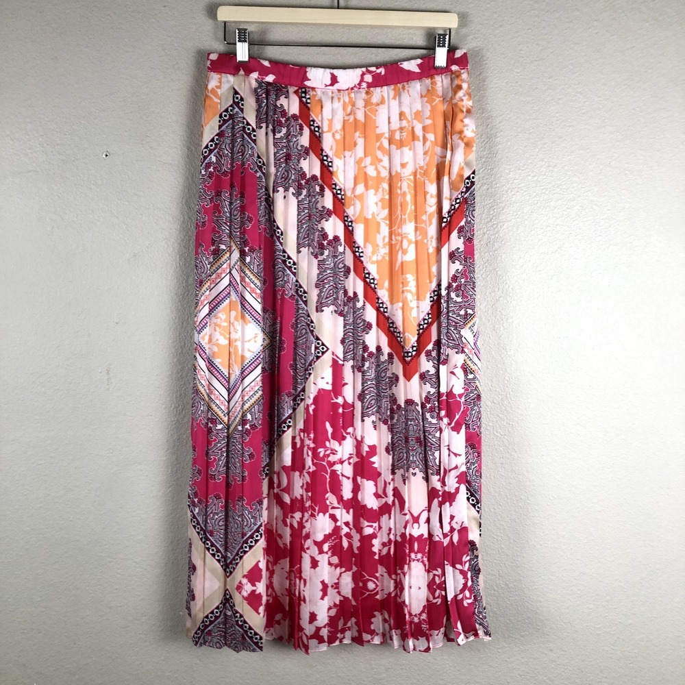 Chico's Pink & Orange Printed Pleated Maxi Skirt